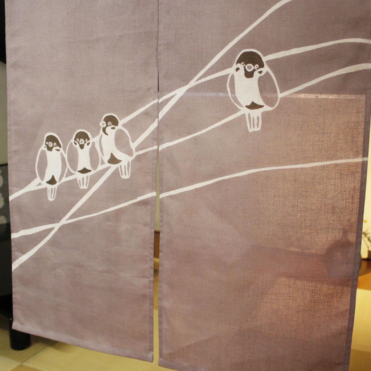 Japanese Linen Noren Curtain, Sparrow Motif, Shiso Gray, 33.1 x 47.2 in — view 2