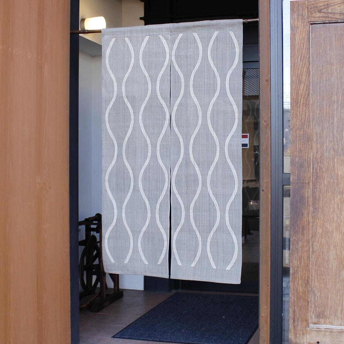Japanese Linen Noren Curtain, Tatewaku Wave Motif, Pine Soot Gray, 33.1 x 59.1 in — view 2
