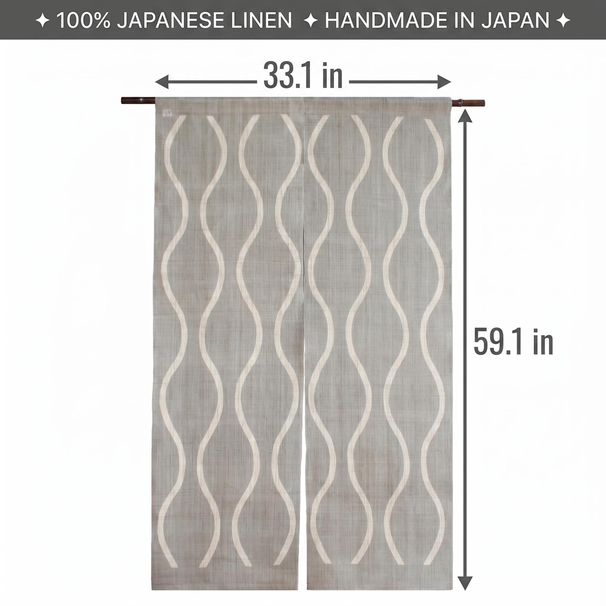Japanese Linen Noren Curtain, Tatewaku Wave Motif, Pine Soot Gray, 33.1 x 59.1 in — view 3