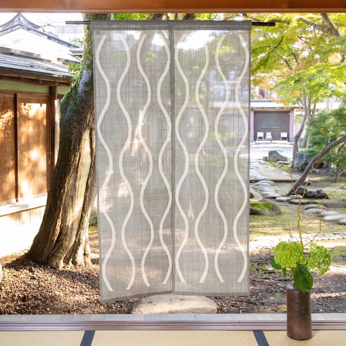 Japanese Linen Noren Curtain, Tatewaku Wave Motif, Pine Soot Gray, 33.1 x 59.1 in — view 6