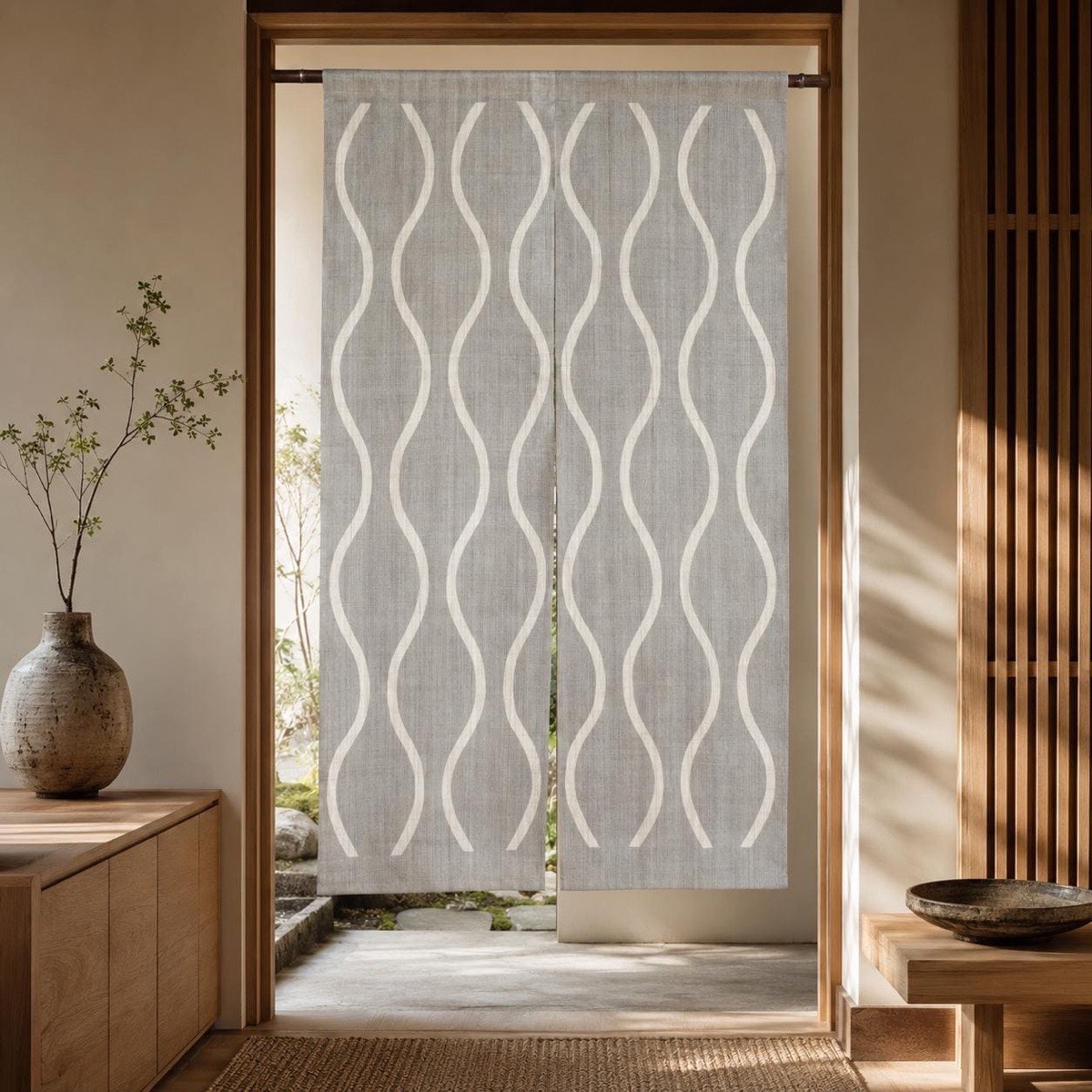 Japanese Linen Noren Curtain, Tatewaku Wave Motif, Pine Soot Gray, 33.1 x 59.1 in — view 7