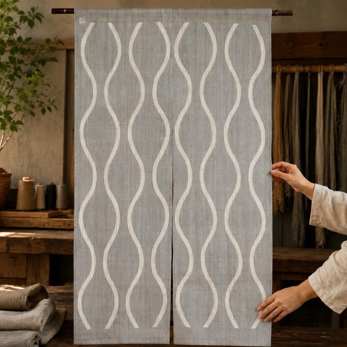 Japanese Linen Noren Curtain, Tatewaku Wave Motif, Pine Soot Gray, 33.1 x 59.1 in — view 8