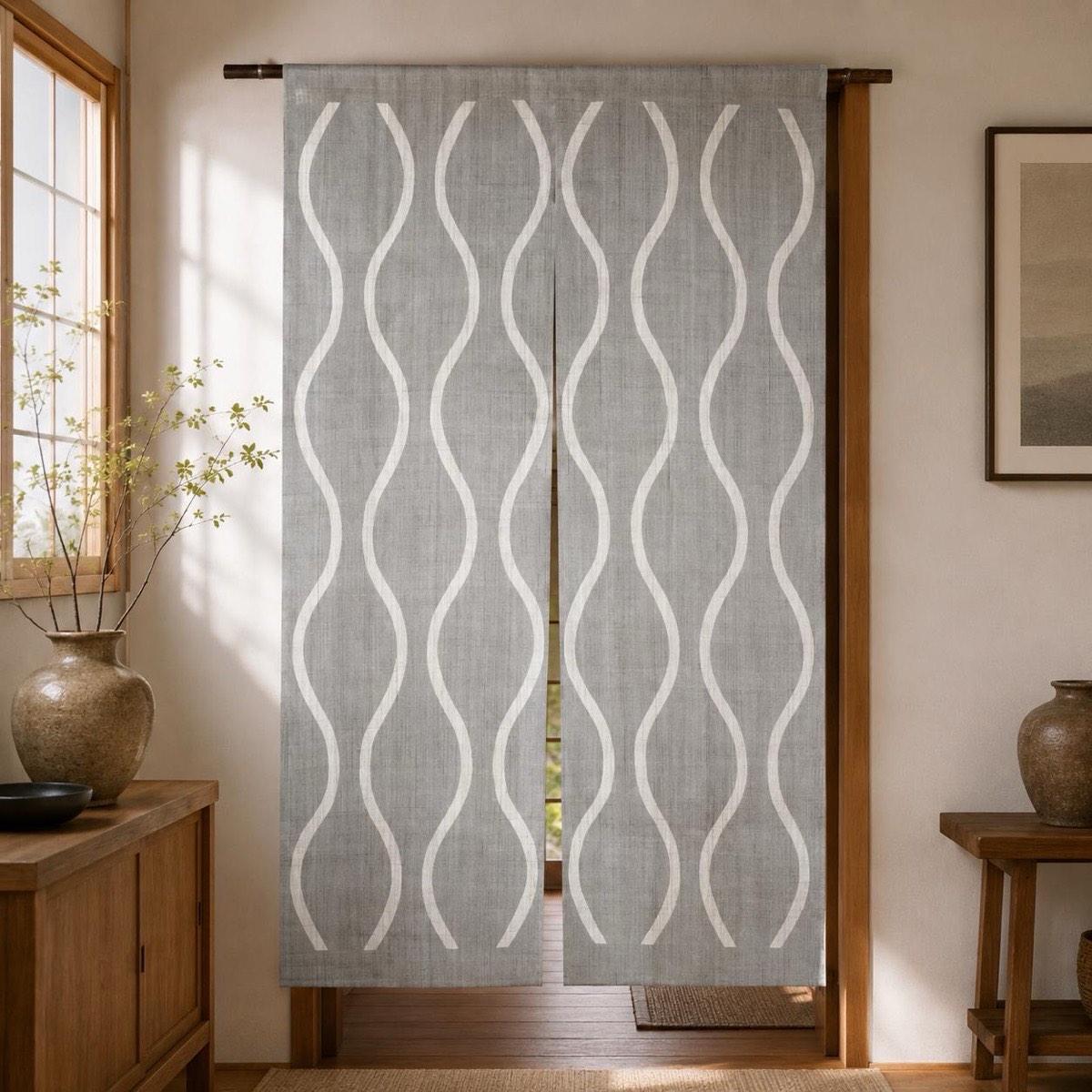 Japanese Linen Noren Curtain, Tatewaku Wave Motif, Pine Soot Gray, 33.1 x 59.1 in — view 9