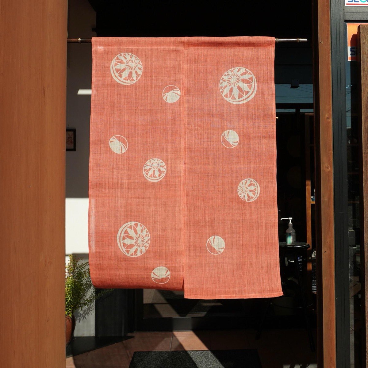 Japanese Linen Noren Curtain, Temari Motif, Vermilion (33.1 x 47.2 in) — view 2