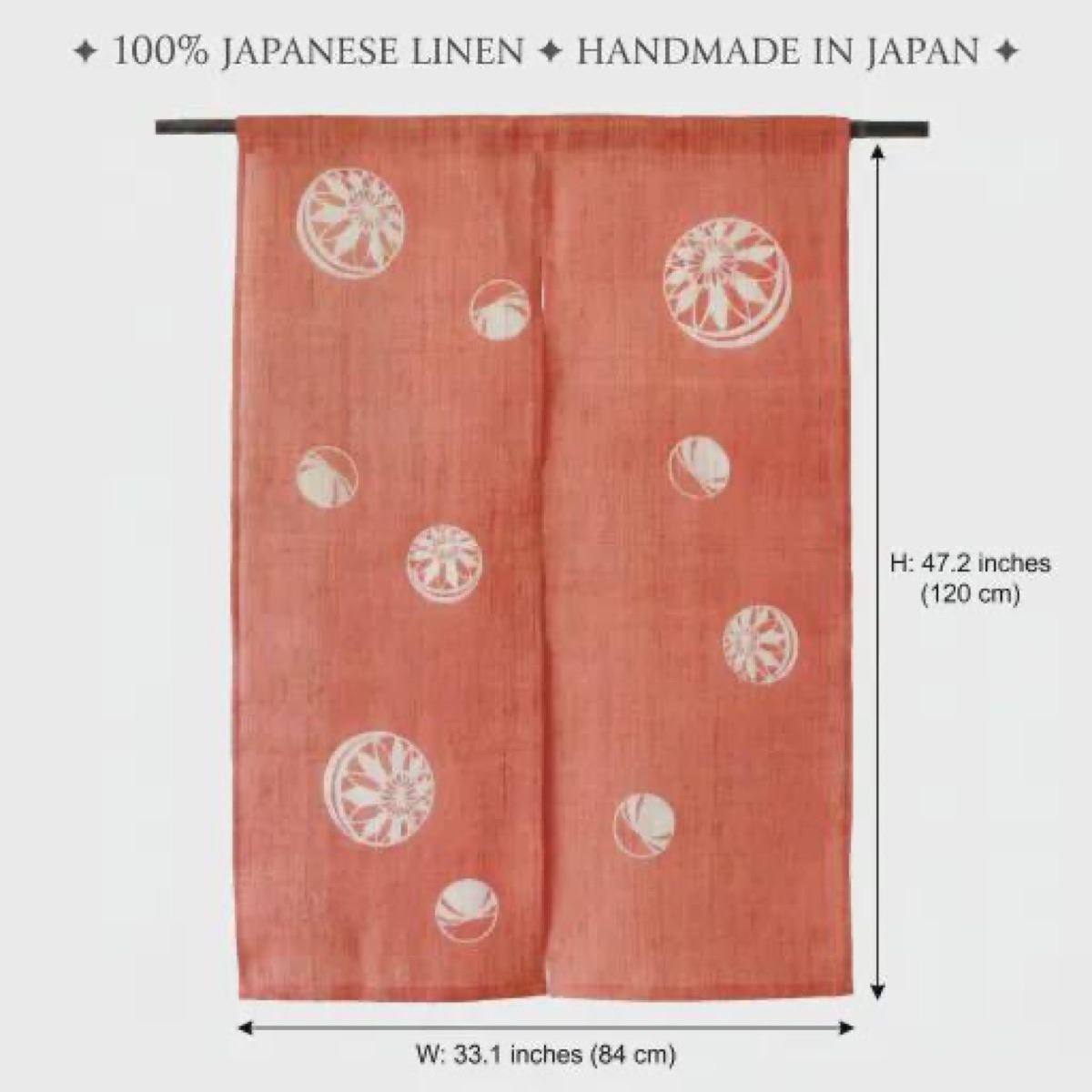 Japanese Linen Noren Curtain, Temari Motif, Vermilion (33.1 x 47.2 in) — view 3
