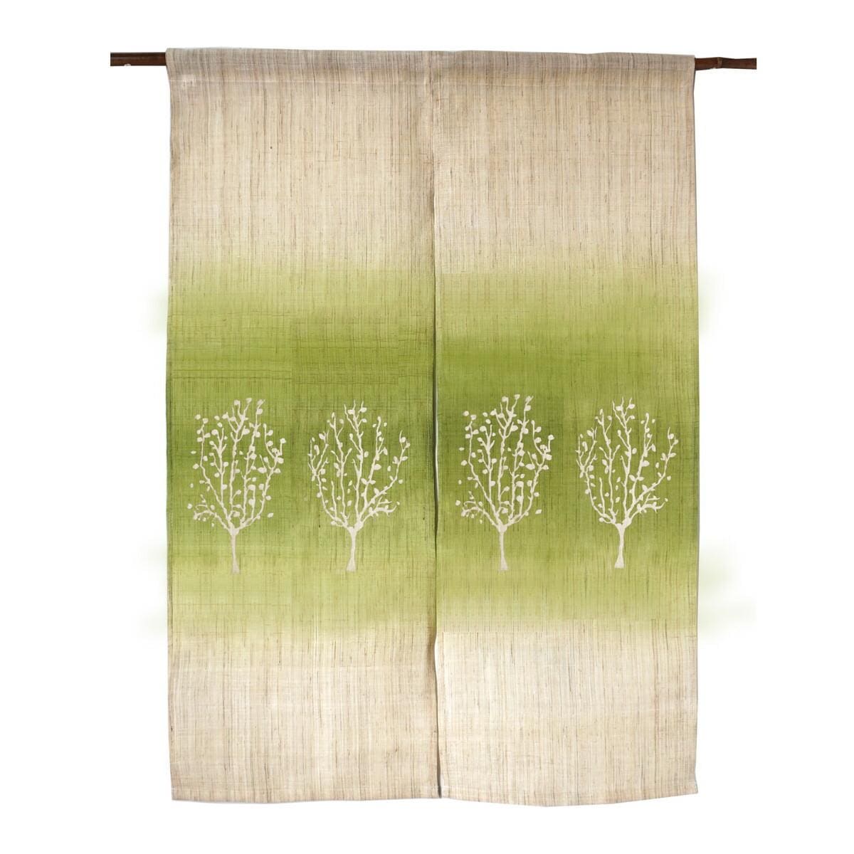 Japanese Linen Noren Curtain, Tree Motif, Green Gradient, 33.1 x 47.2 in
