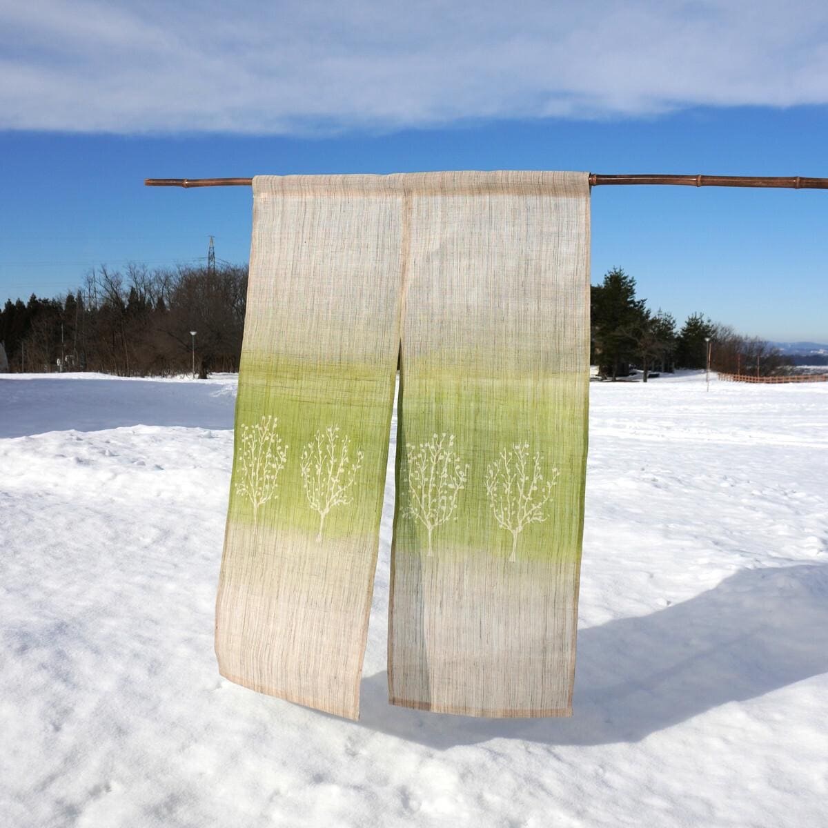 Japanese Linen Noren Curtain, Tree Motif, Green Gradient, 33.1 x 47.2 in — view 2