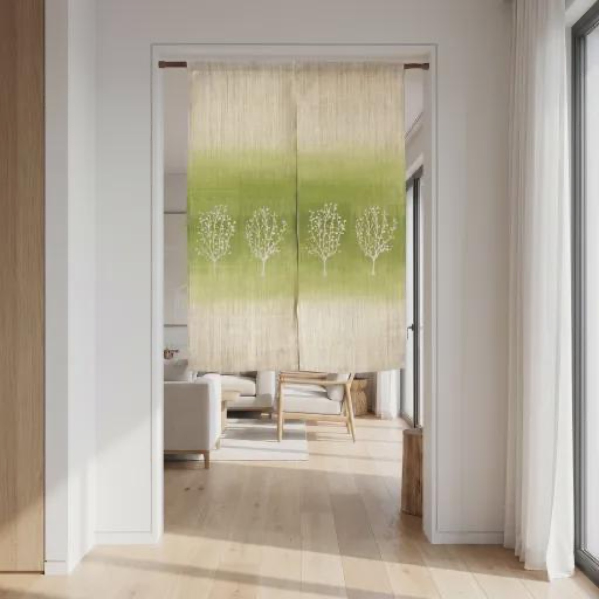 Japanese Linen Noren Curtain, Tree Motif, Green Gradient, 33.1 x 47.2 in — view 9