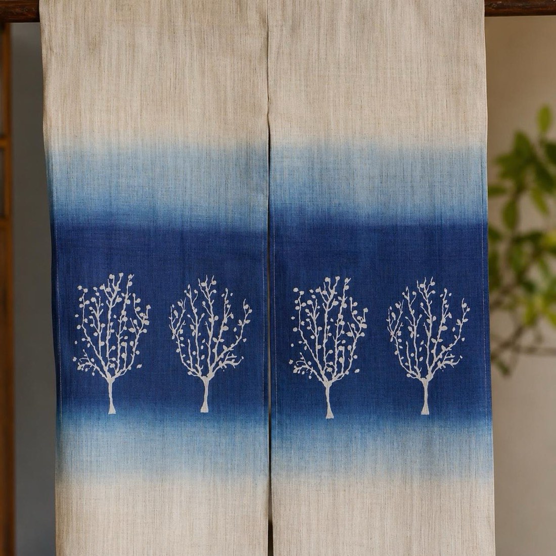Japanese Linen Noren Curtain, Tree Motif, Indigo Gradient, 33.1 x 47.2 in — view 10