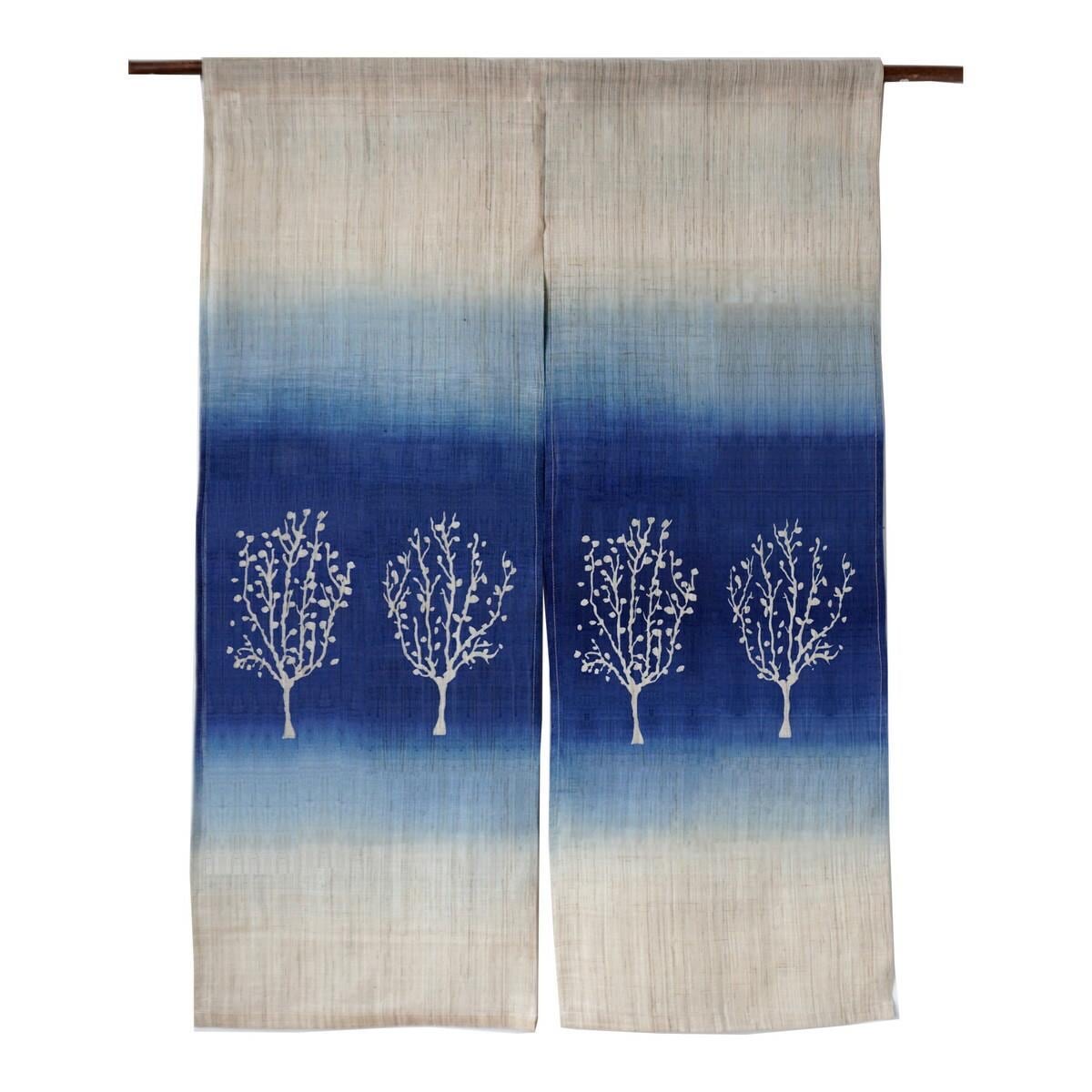 Japanese Linen Noren Curtain, Tree Motif, Indigo Gradient, 33.1 x 47.2 in — view 2
