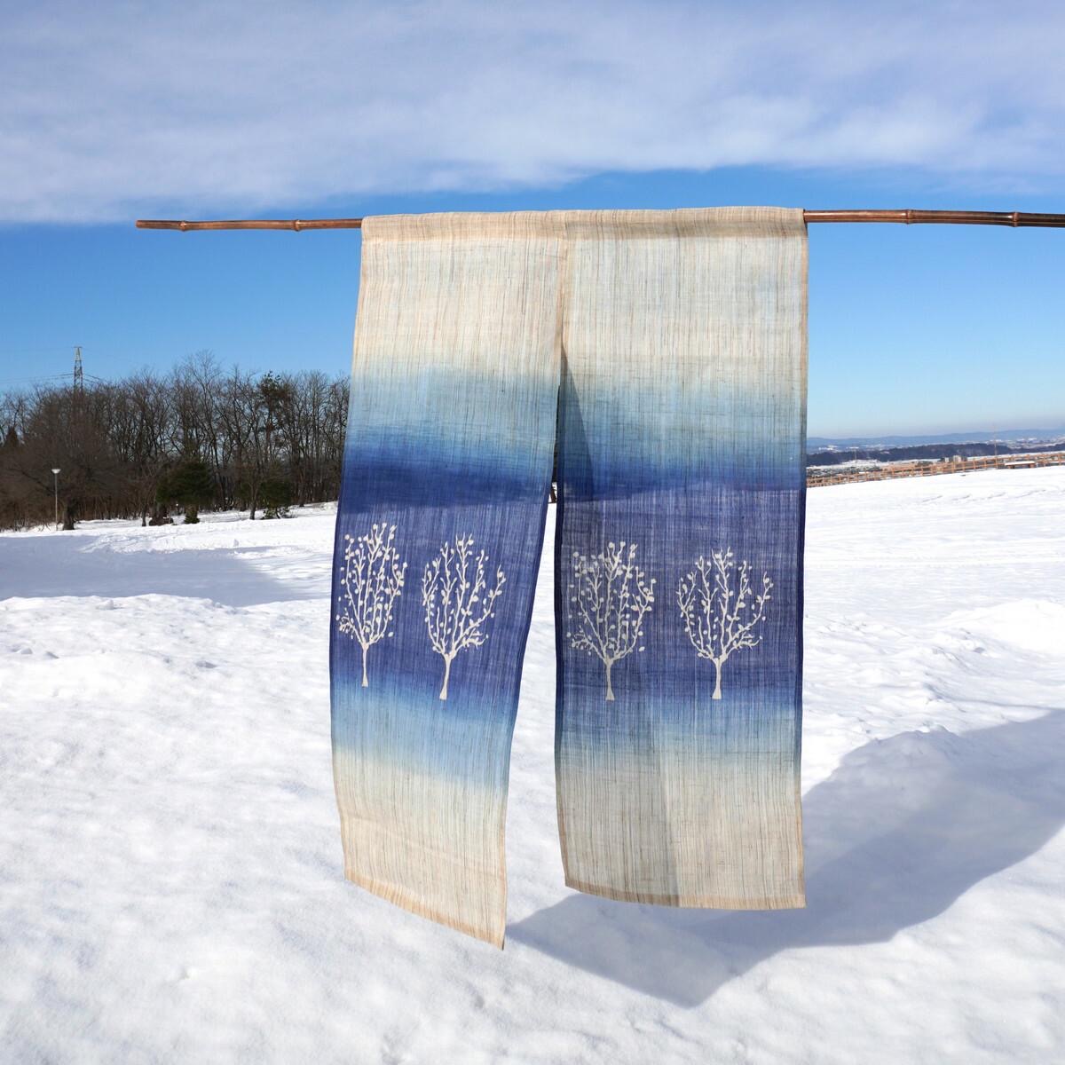 Japanese Linen Noren Curtain, Tree Motif, Indigo Gradient, 33.1 x 47.2 in — view 3