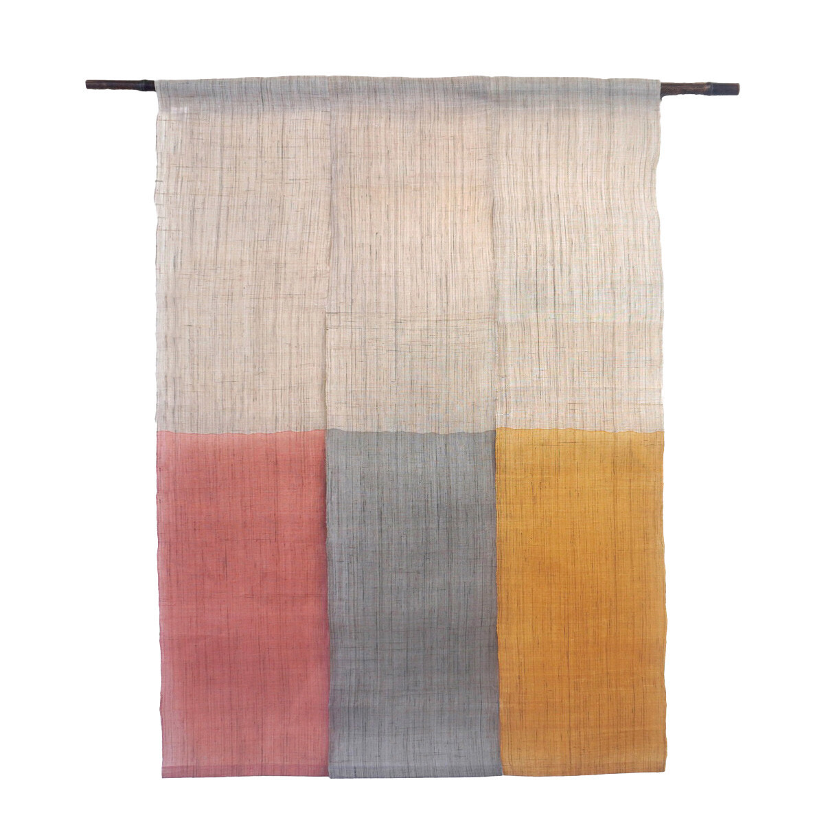 Japanese Linen Noren Curtain, Triple Panel, Half-Dyed Rose, Grey & Amber, 33.1 x 47.2 in, Handwoven Ramie, Made in Japan — view 1