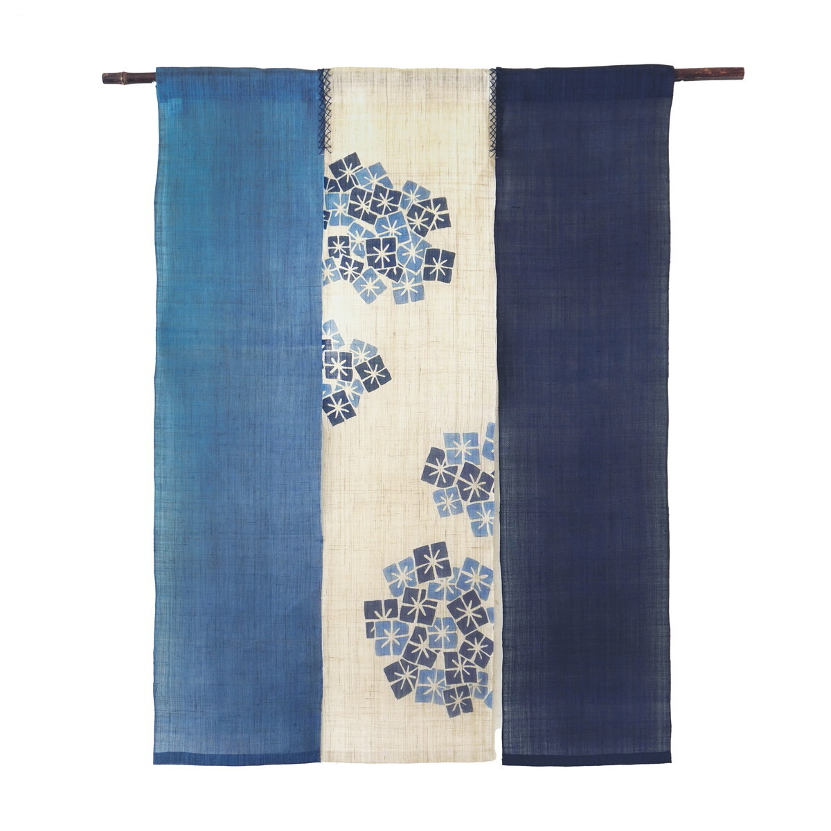 Japanese Linen Noren Curtain, Triple Panel, Hydrangea, Indigo & Sky Blue, 35.4 x 47.2 in, Handwoven Ramie, Made in Japan — view 1
