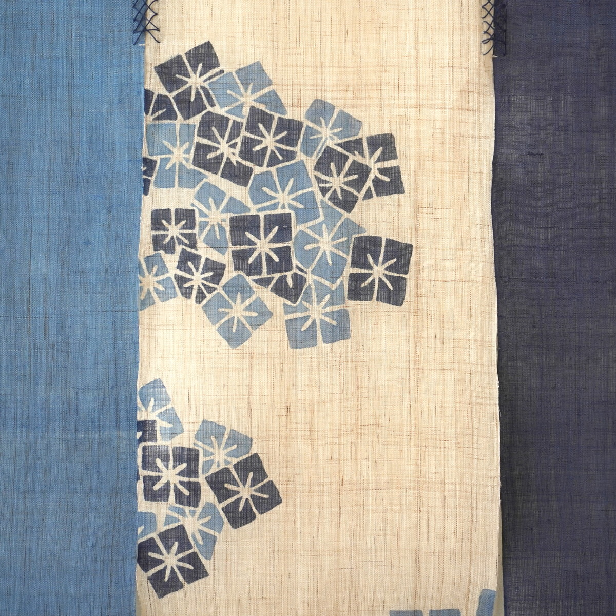 Japanese Linen Noren Curtain, Triple Panel, Hydrangea, Indigo & Sky Blue, 35.4 x 47.2 in, Handwoven Ramie, Made in Japan — view 2