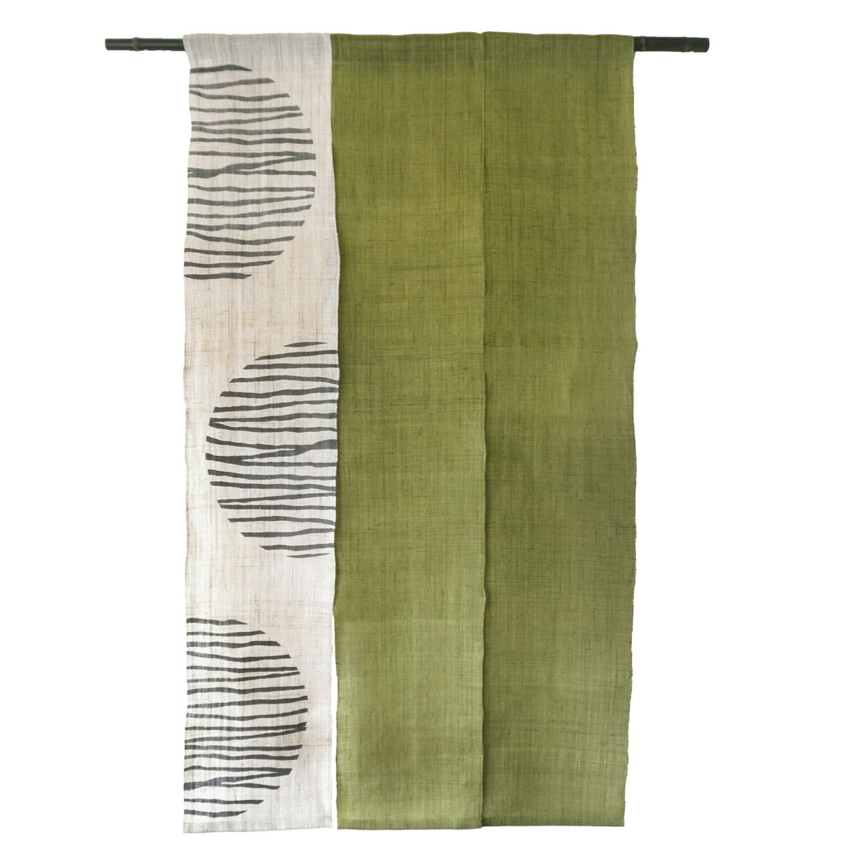 Japanese Linen Noren Curtain, Triple Panel, Kasumi Arc Pattern, Rikyu Green, 33.1 x 59.1 in, Handwoven Ramie, Made in Japan