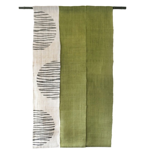Japanese Linen Noren Curtain, Triple Panel, Kasumi Arc Pattern, Rikyu Green, 33.1 x 59.1 in, Handwoven Ramie, Made in Japan