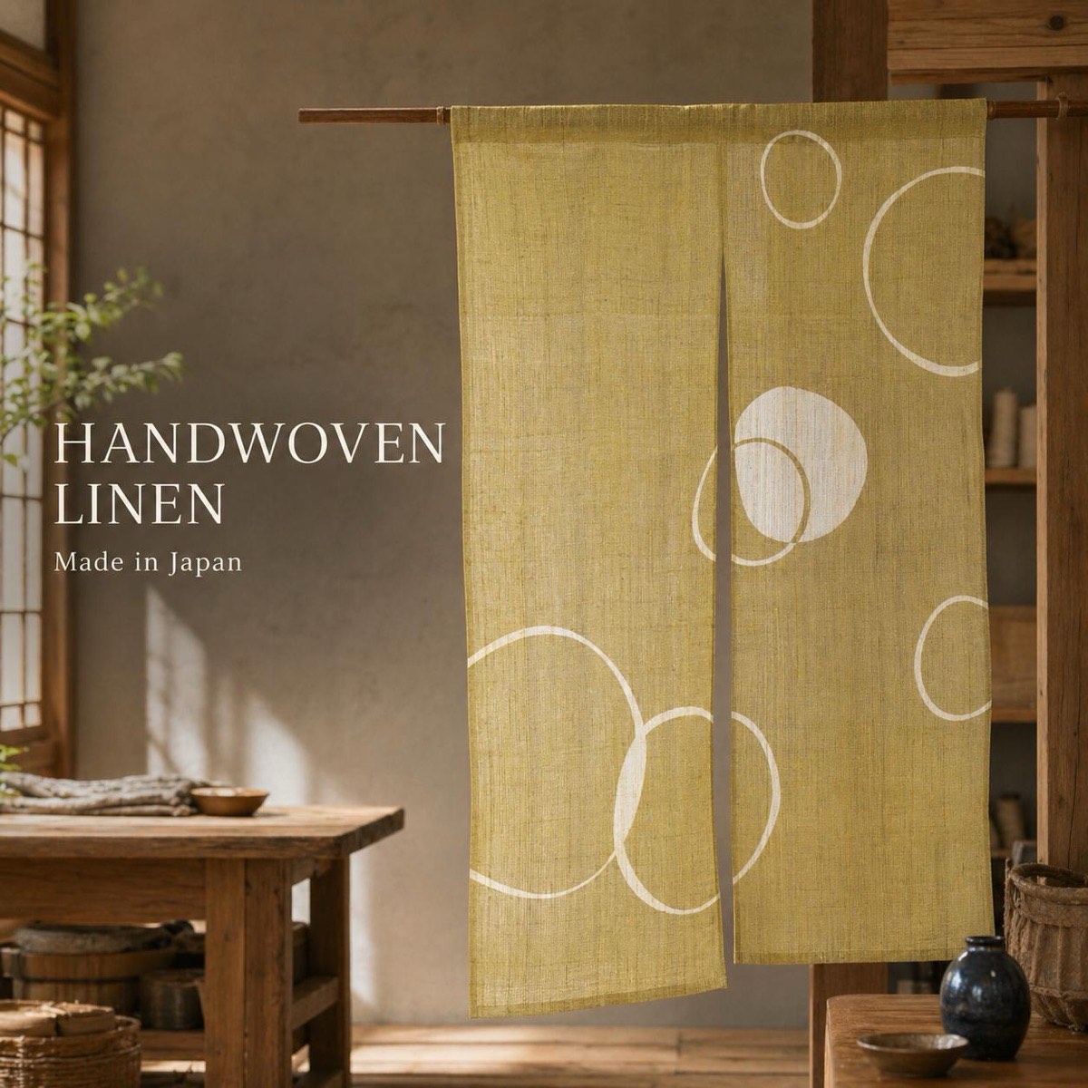 Japanese Linen Noren Curtain, Wa Circle Pattern, Rapeseed Yellow, 33.1 x 47.2 in — view 7