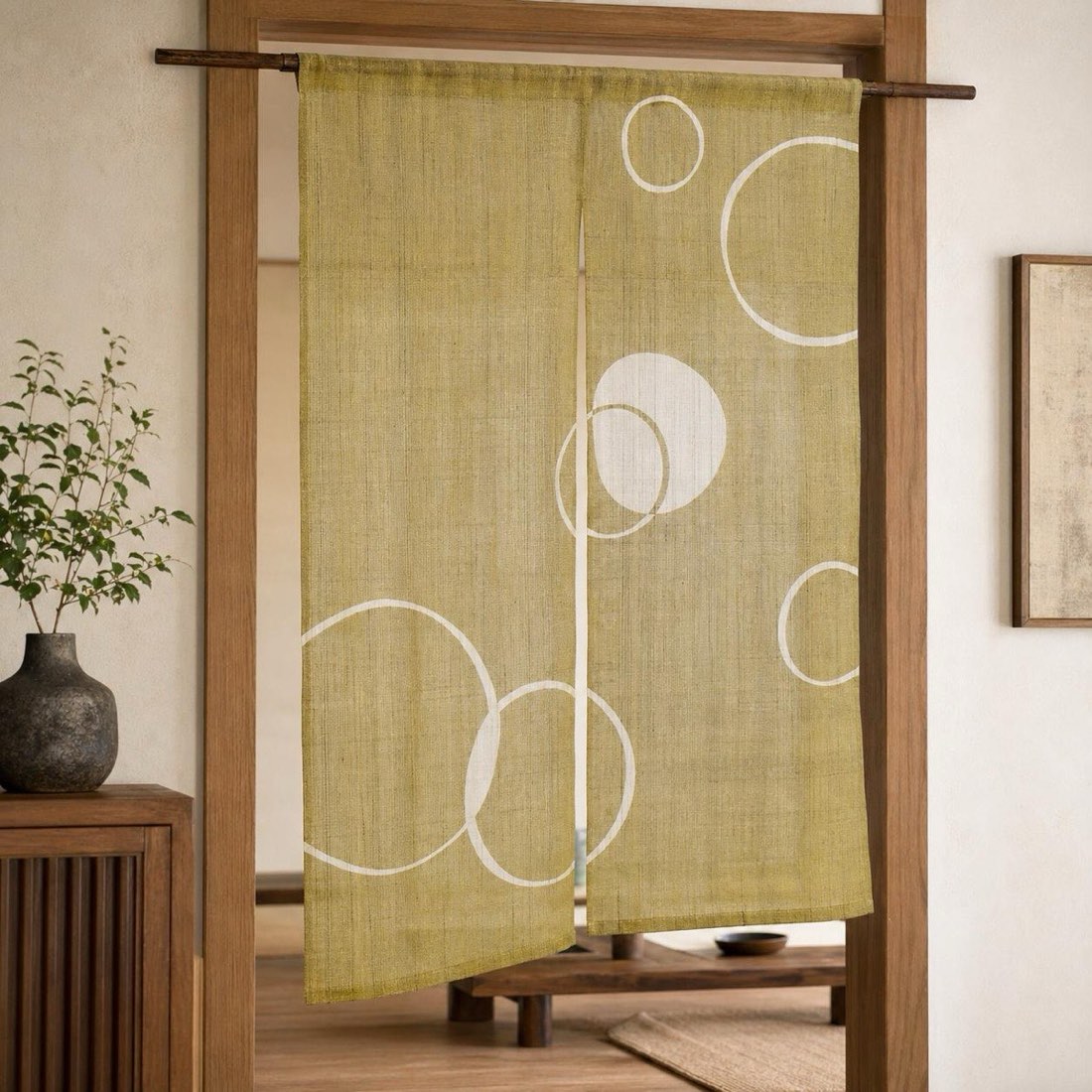 Japanese Linen Noren Curtain, Wa Circle Pattern, Rapeseed Yellow, 33.1 x 47.2 in — view 8