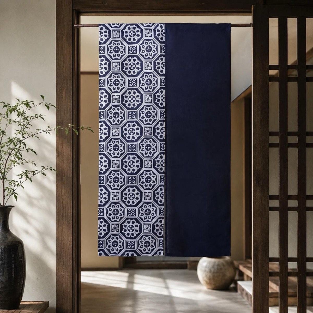 Japanese Linen Noren Door Curtain, Indigo Geometric Pattern, 33.1 x 59.1 in