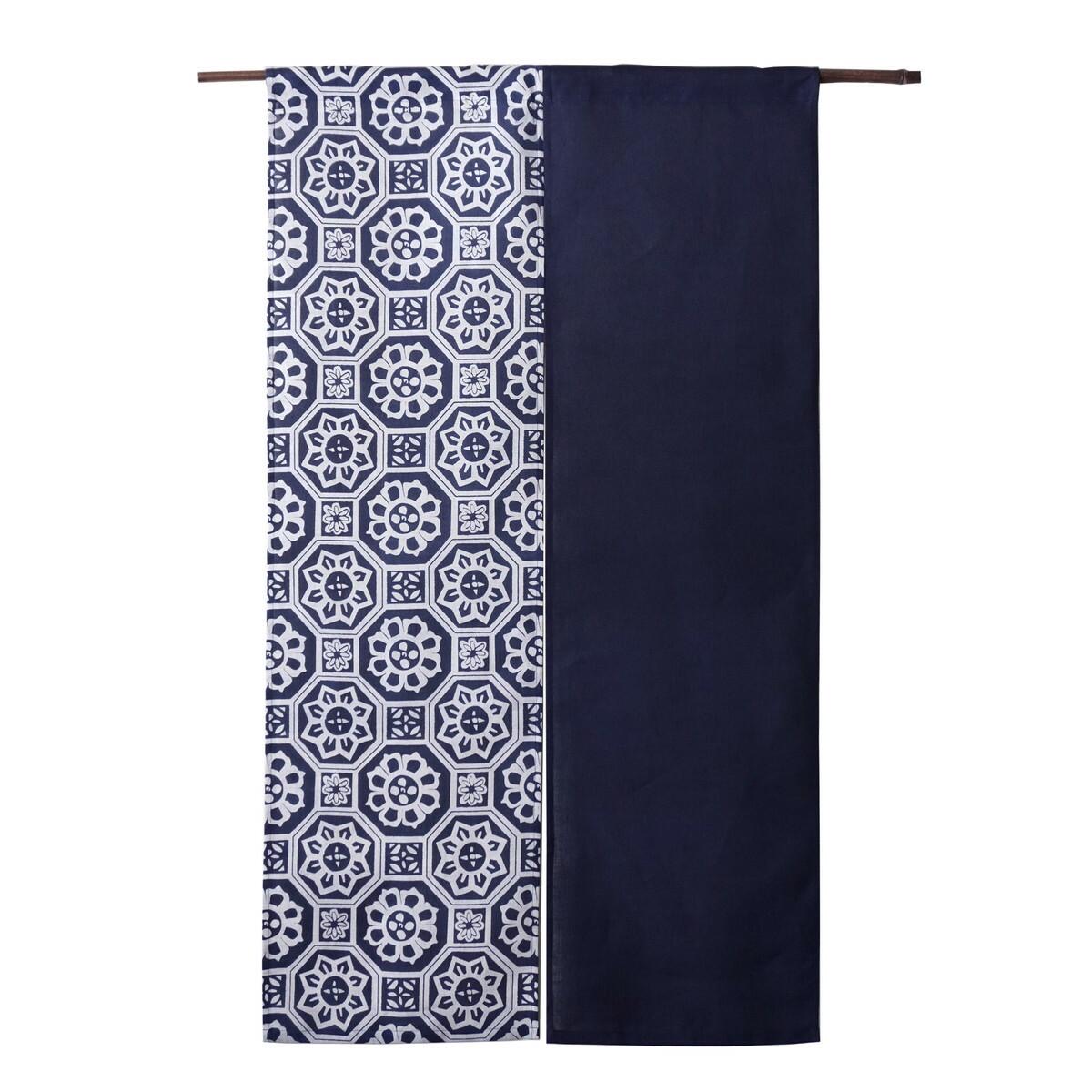 Japanese Linen Noren Door Curtain, Indigo Geometric Pattern, 33.1 x 59.1 in — view 2