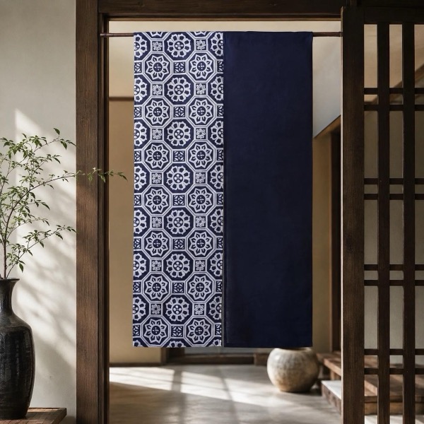 Japanese Linen Noren Door Curtain, Indigo Geometric Pattern, 33.1 x 59.1 in