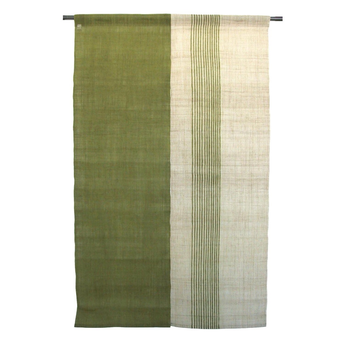Japanese Linen Noren Door Curtain, Rikyu Green, Thirteen-Line Pattern, 34.6 x 59.1 in