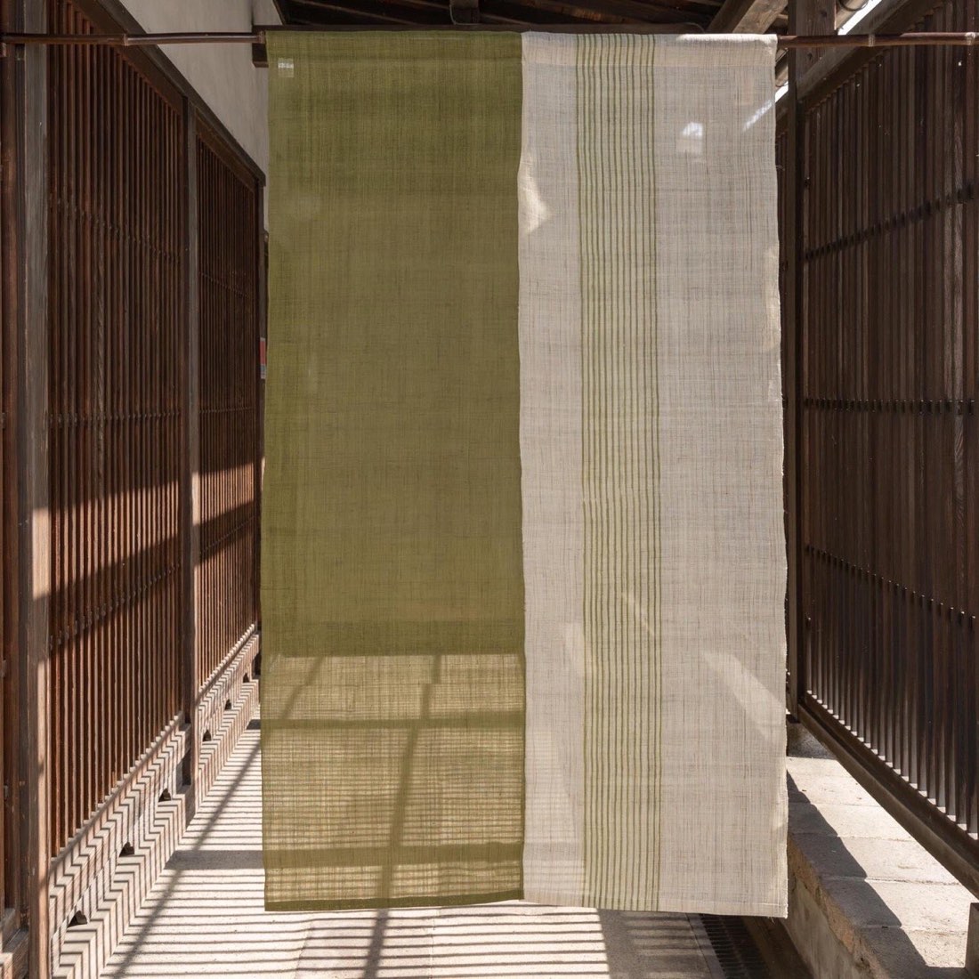 Japanese Linen Noren Door Curtain, Rikyu Green, Thirteen-Line Pattern, 34.6 x 59.1 in — view 2