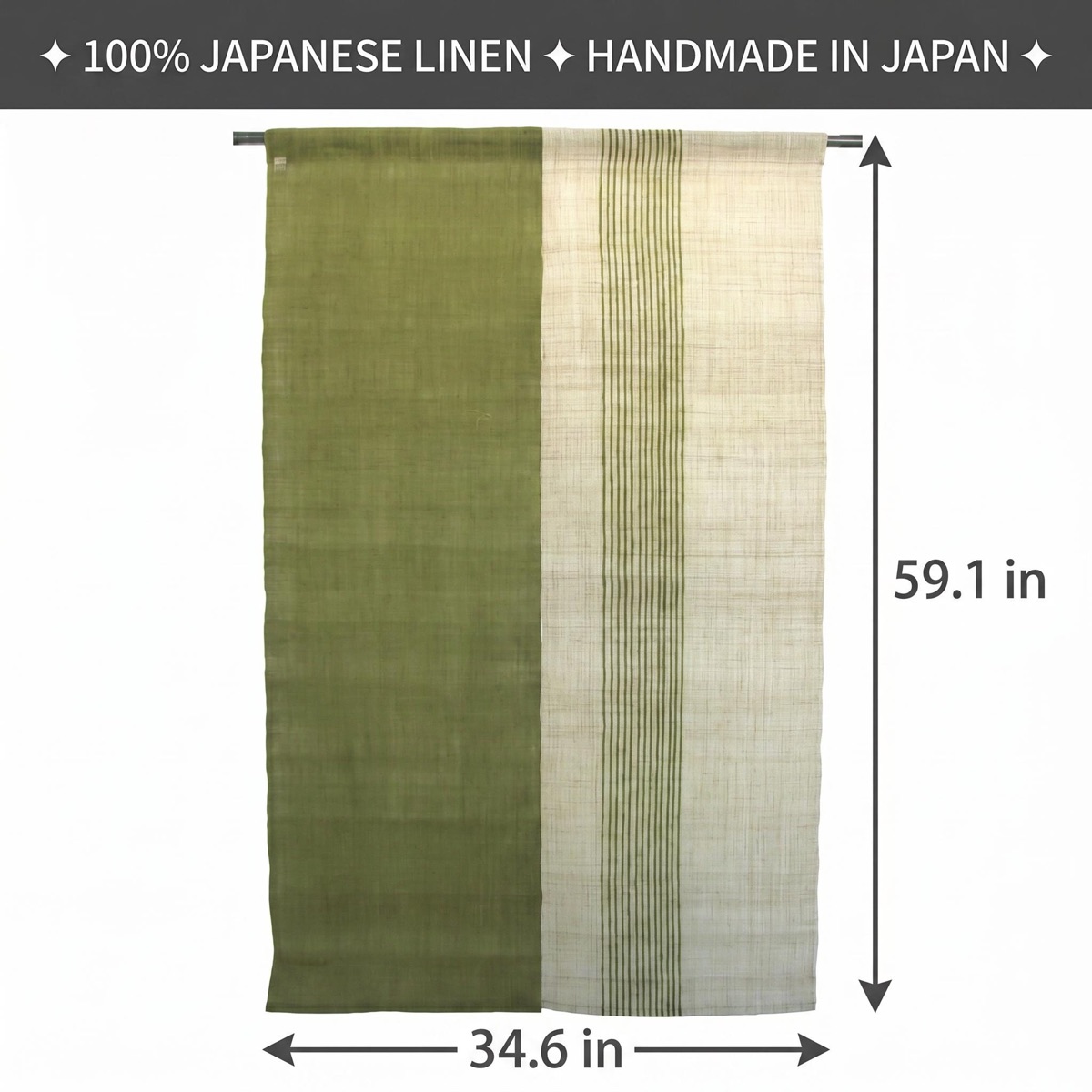 Japanese Linen Noren Door Curtain, Rikyu Green, Thirteen-Line Pattern, 34.6 x 59.1 in — view 3