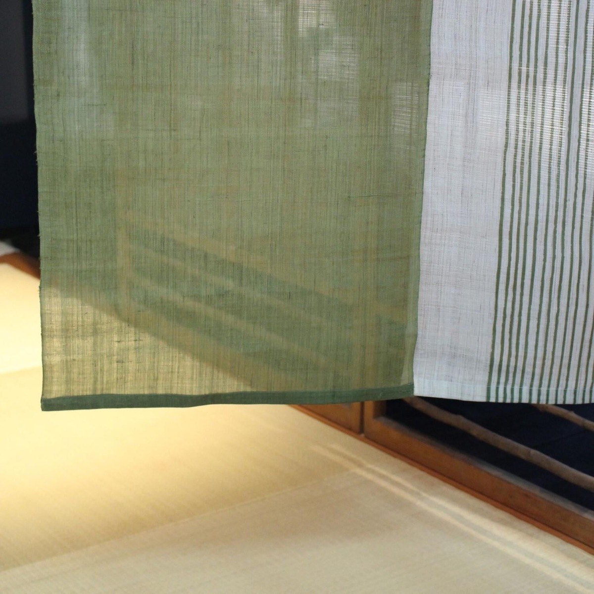 Japanese Linen Noren Door Curtain, Rikyu Green, Thirteen-Line Pattern, 34.6 x 59.1 in — view 6