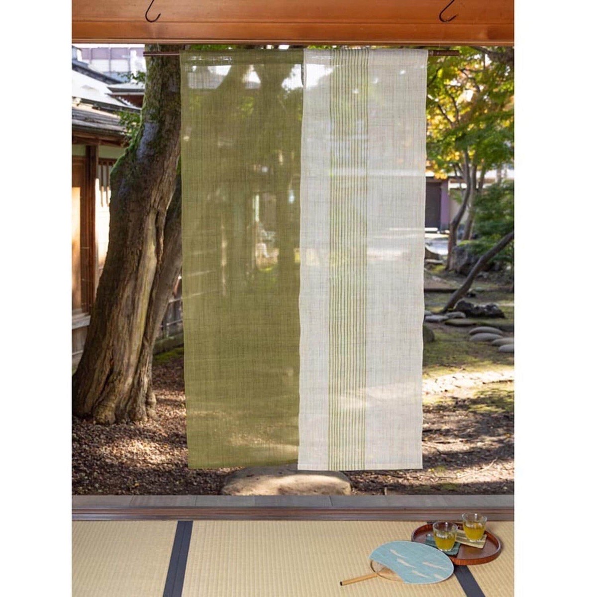 Japanese Linen Noren Door Curtain, Rikyu Green, Thirteen-Line Pattern, 34.6 x 59.1 in — view 7