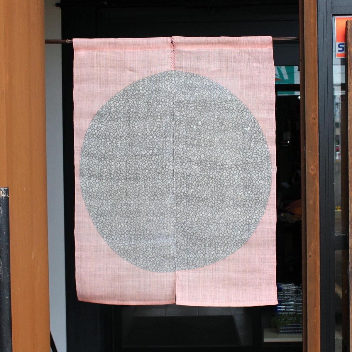 Japanese Linen Noren Door Curtain, Round Sakura Pattern, Pink Pine Soot (35.4 x 47.2 in) — view 2