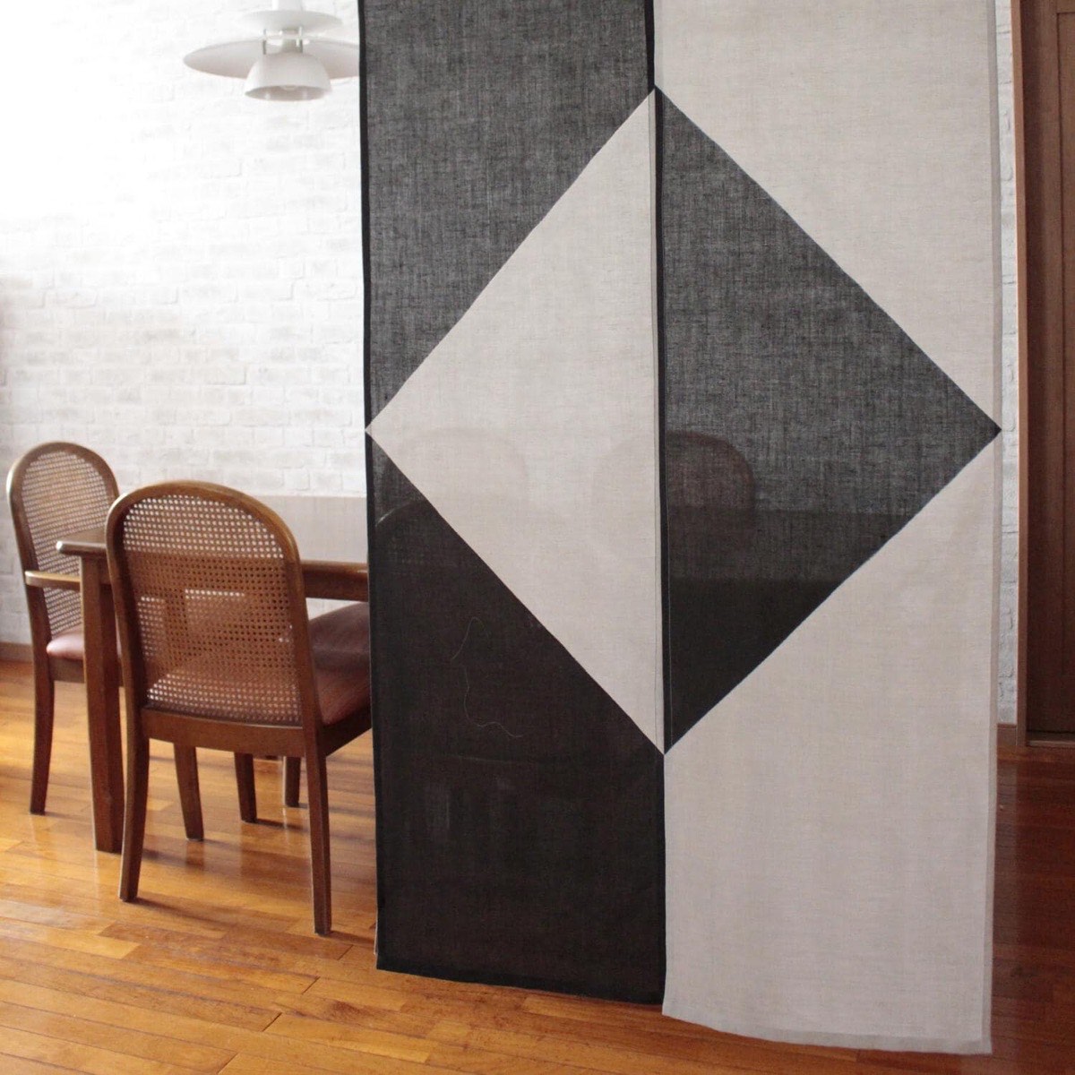 Japanese Linen Noren Door Curtain, Square Motif, Pine Soot Gradient (33.1 x 59.1 in) — view 7