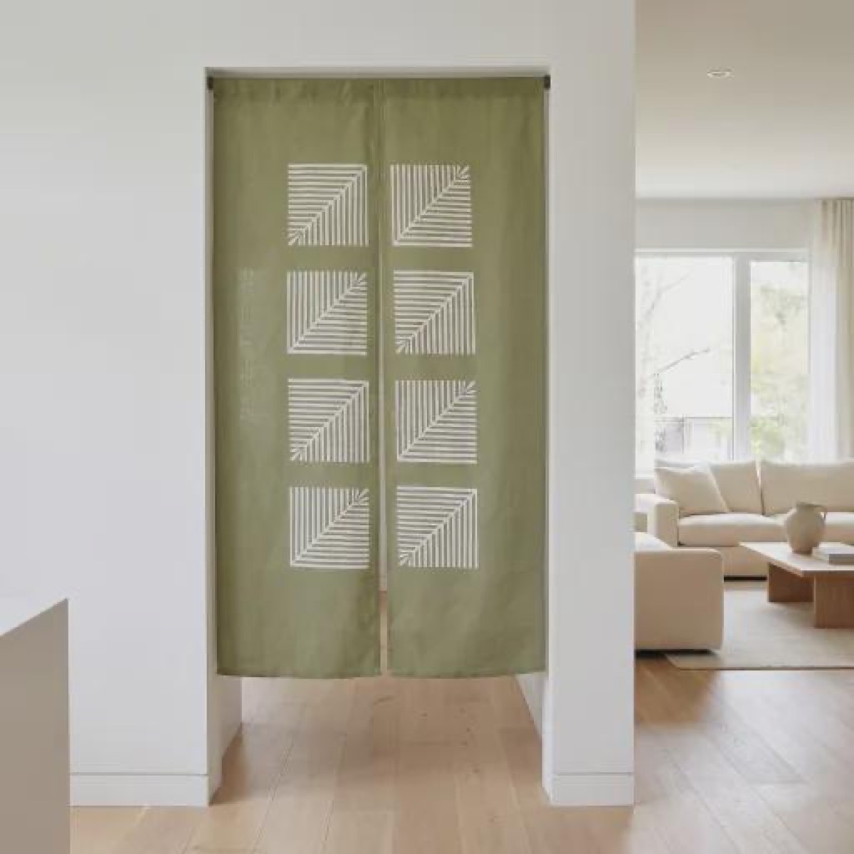 Japanese Linen Noren Door Curtain, Young Pine Motif, Rikyu Green (Made in Japan) — view 10