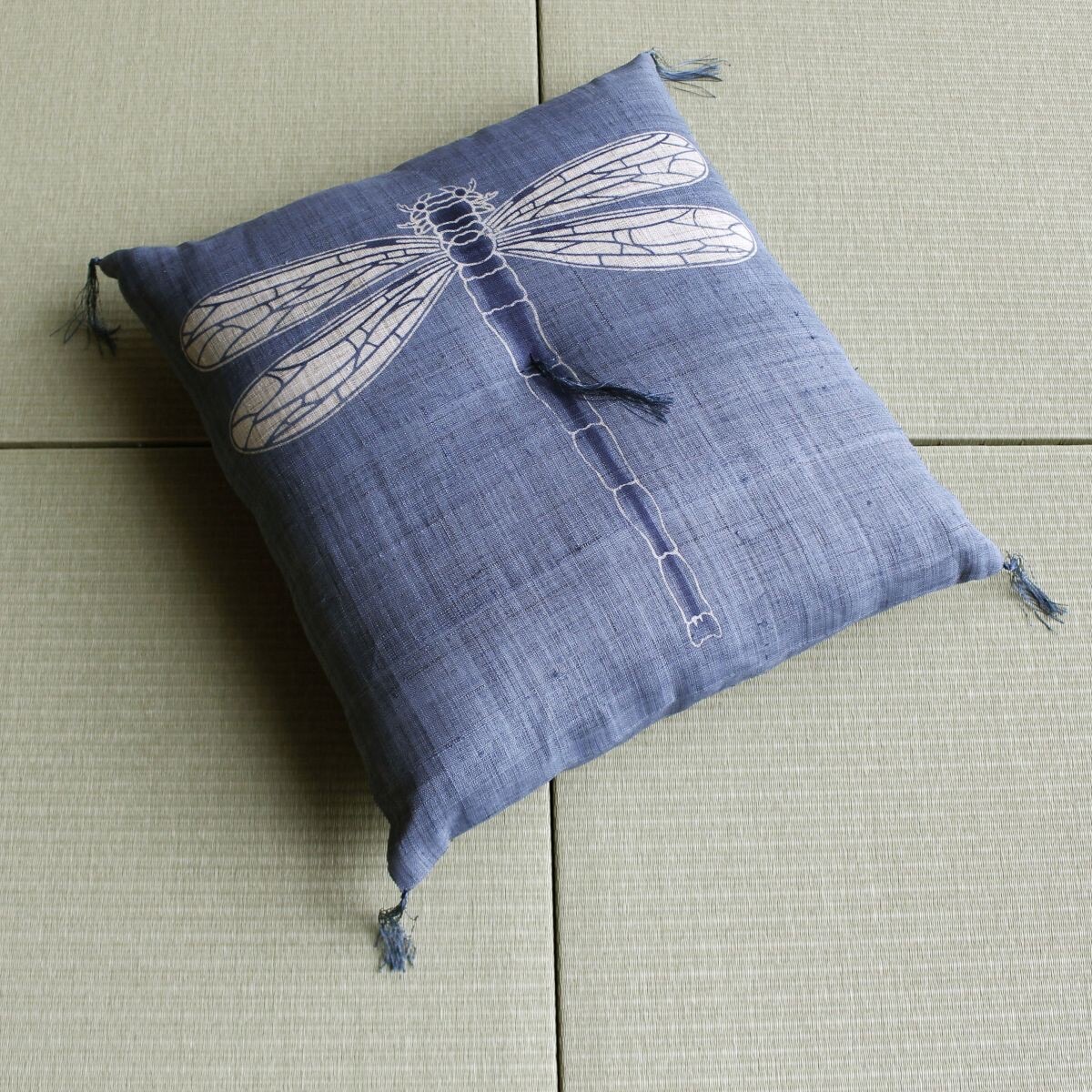 Japanese Linen Tea Cushion (Zabuton), Dragonfly Motif, Hanada Blue, 16.5 x 17.7 in, Hand-Dyed, Made in Japan