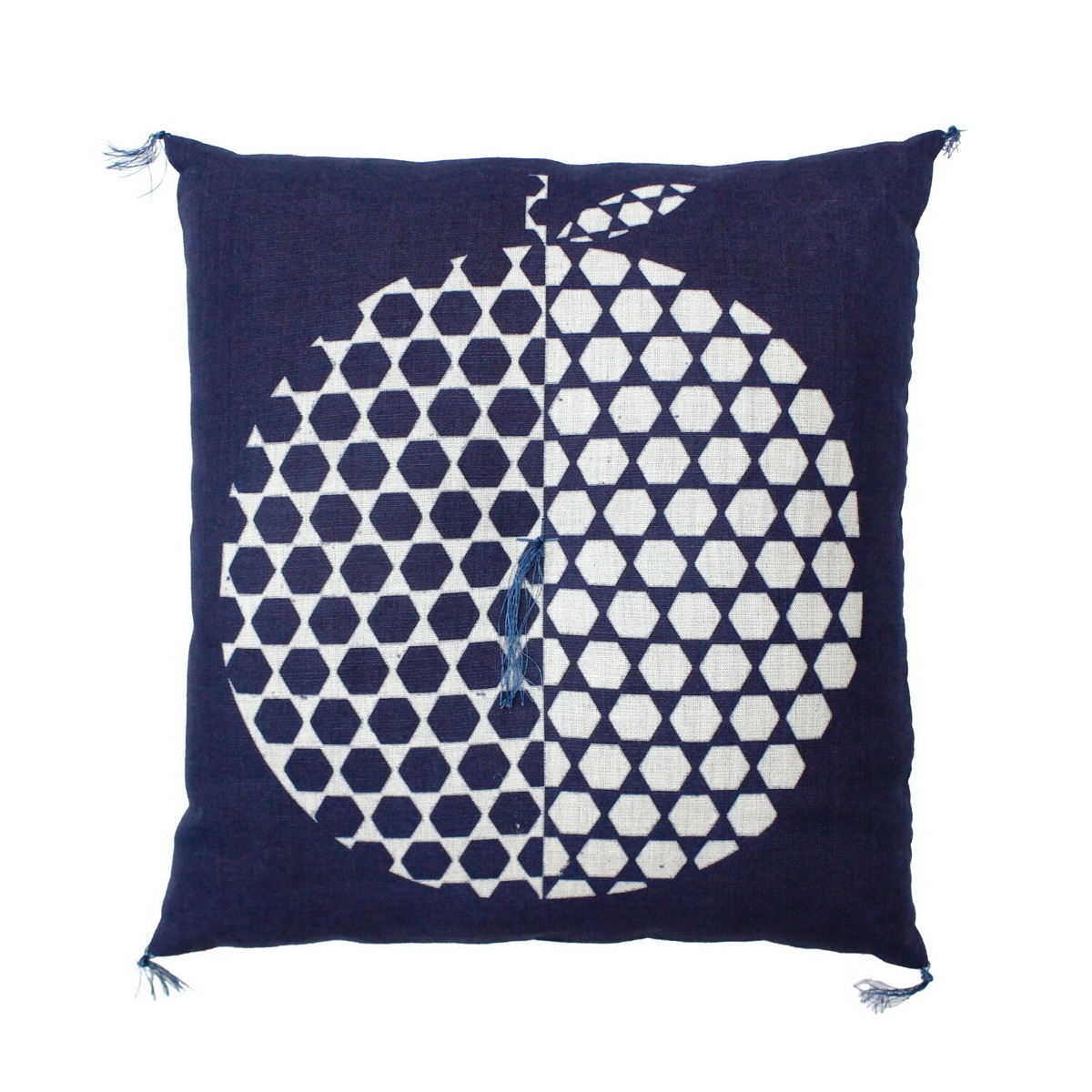 Japanese Linen Tea Cushion (Zabuton), Ihira Weave, Tortoiseshell Apple Motif, Indigo, 16.5 x 17.7 in, Made in Japan