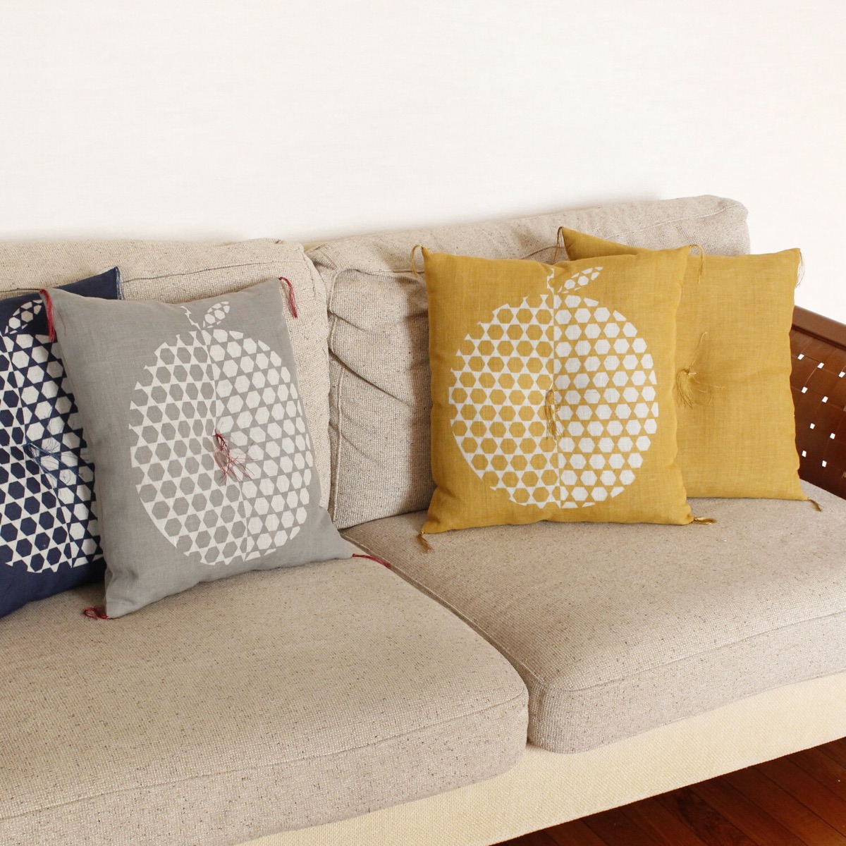 Japanese Linen Tea Cushion (Zabuton), Ihira Weave, Tortoiseshell Apple Motif, Mustard, 16.5 x 17.7 in, Made in Japan — view 7