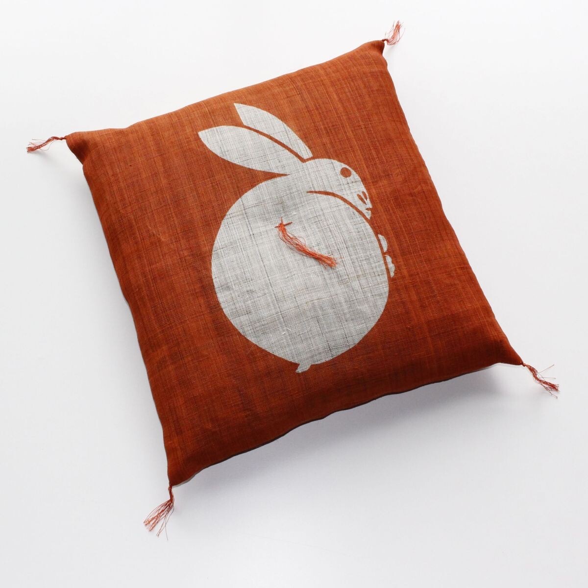 Japanese Linen Tea Cushion (Zabuton), Rabbit Motif, Orange, 16.5 x 17.7 in, Hand-Dyed, Made in Japan — view 6