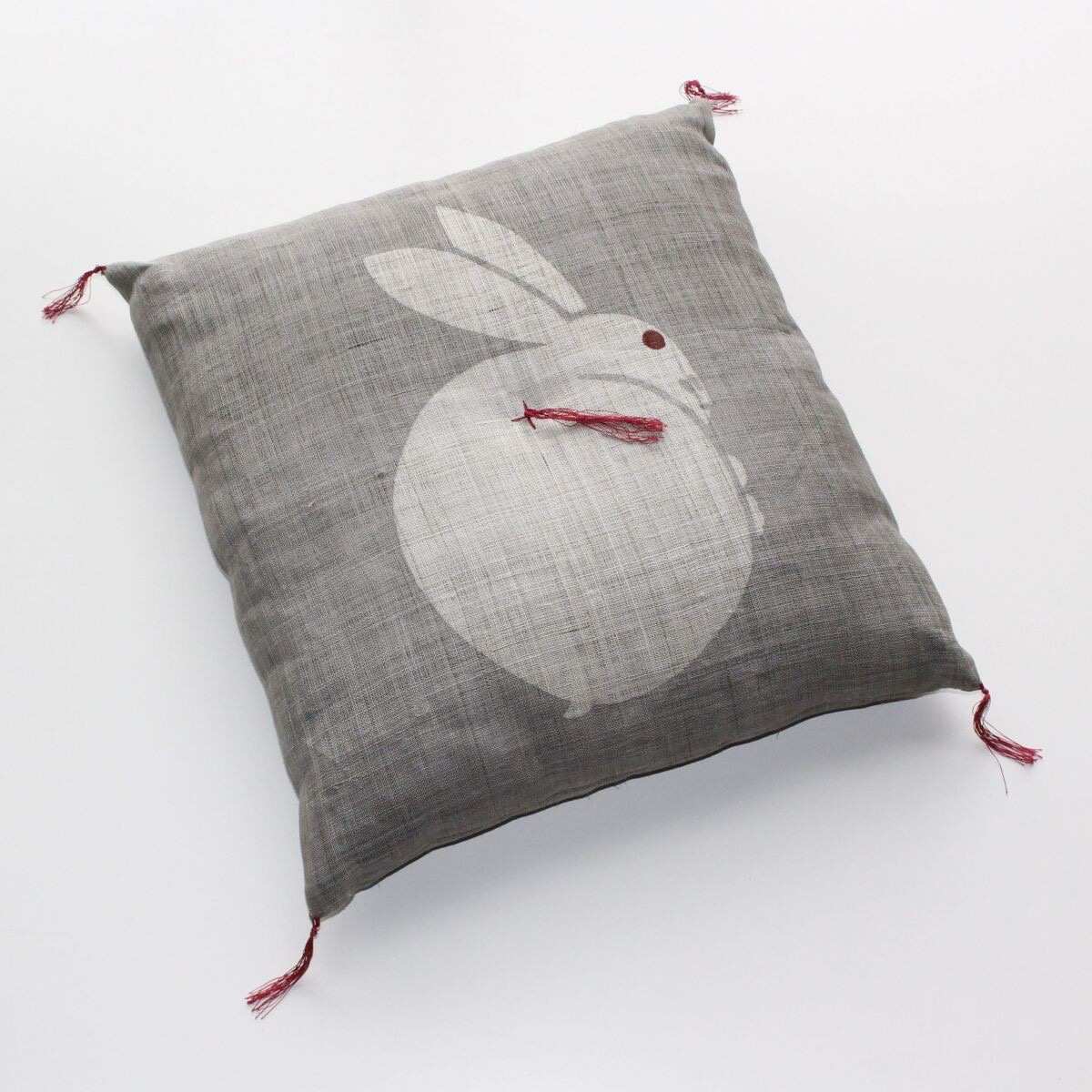 Japanese Linen Tea Cushion (Zabuton), Rabbit Motif, Pine-Soot Charcoal, 16.5 x 17.7 in, Hand-Dyed, Made in Japan — view 6