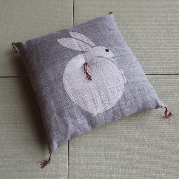 Japanese Linen Tea Cushion (Zabuton), Rabbit Motif, Pine-Soot Charcoal, 16.5 x 17.7 in, Hand-Dyed, Made in Japan