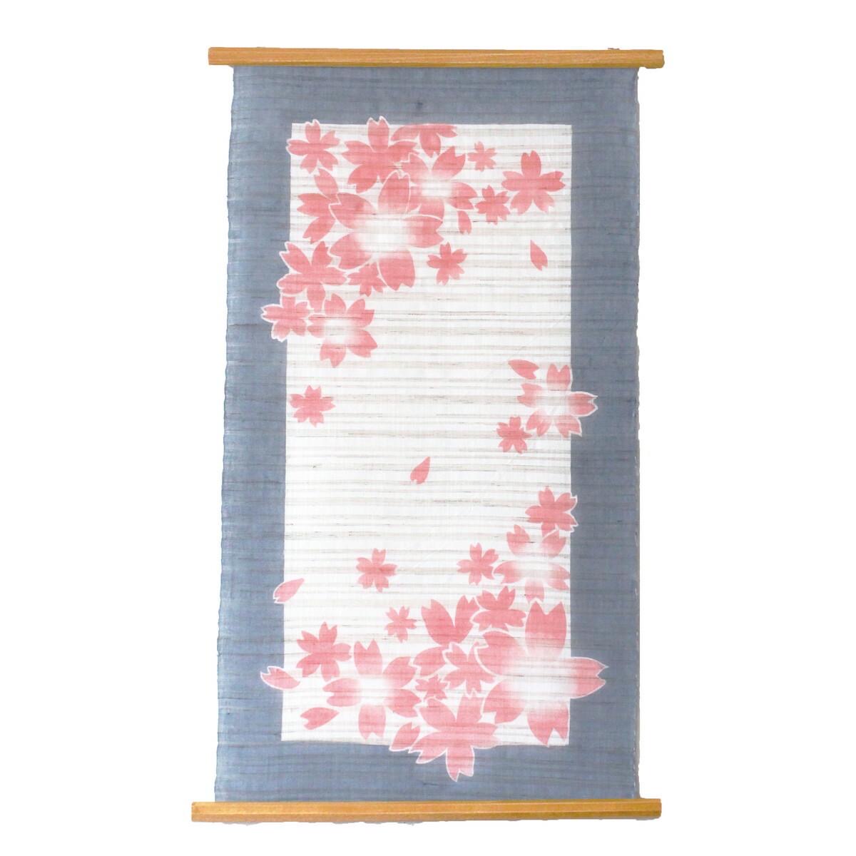 Japanese Linen Wall Hanging, Hand Painted Sakura Petals, Blue Gray Textile Art — view 2