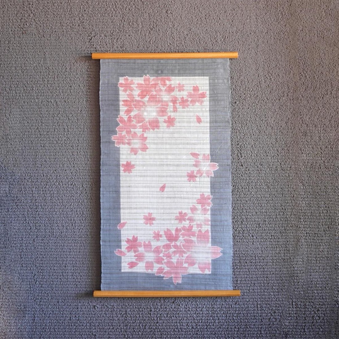 Japanese Linen Wall Hanging, Hand Painted Sakura Petals, Blue Gray Textile Art — view 3