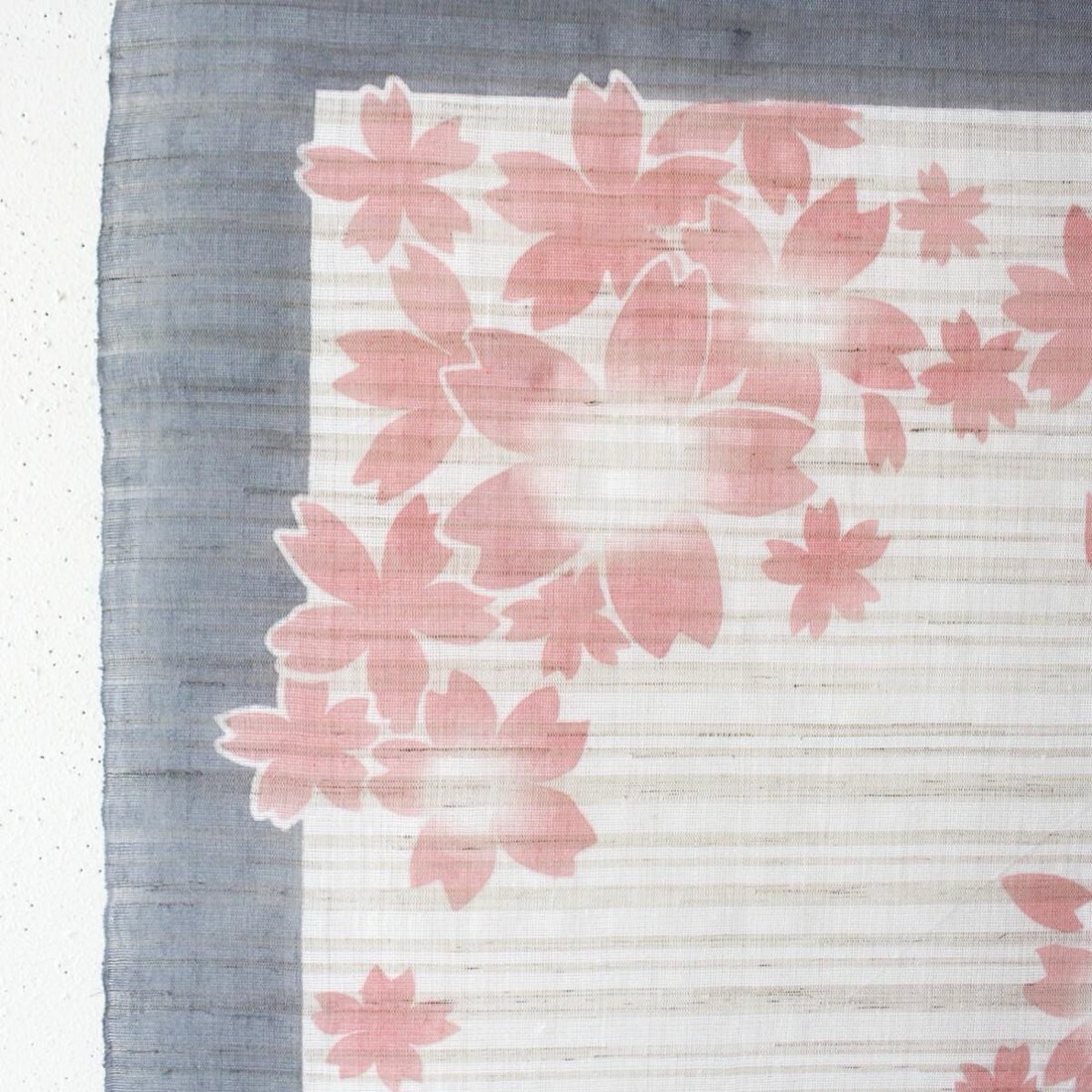 Japanese Linen Wall Hanging, Hand Painted Sakura Petals, Blue Gray Textile Art — view 7