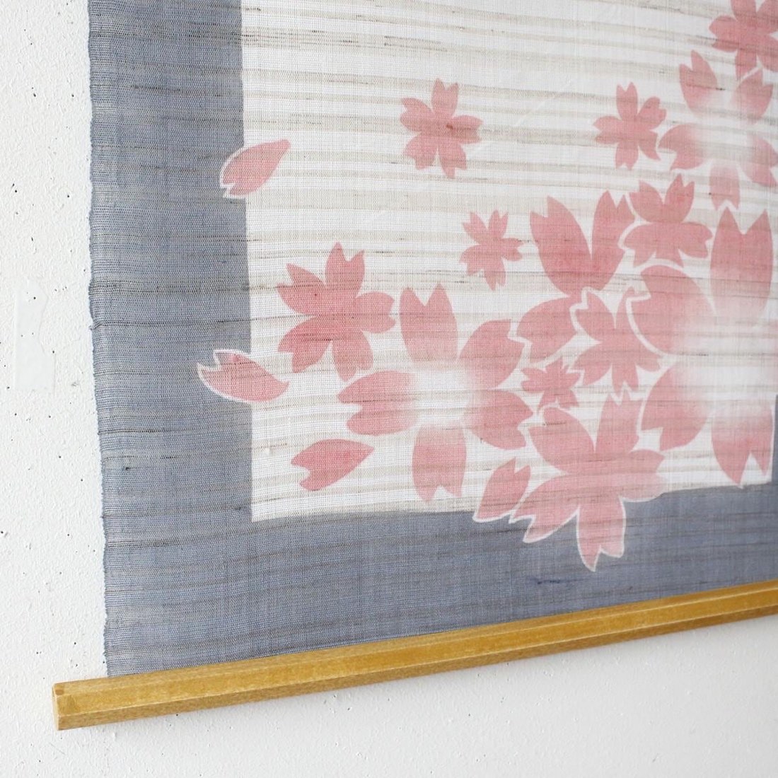 Japanese Linen Wall Hanging, Hand Painted Sakura Petals, Blue Gray Textile Art — view 8