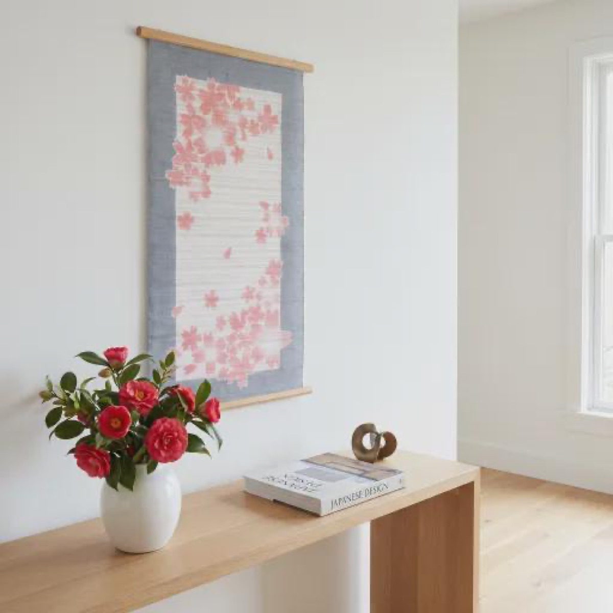 Japanese Linen Wall Hanging, Hand Painted Sakura Petals, Blue Gray Textile Art — view 9