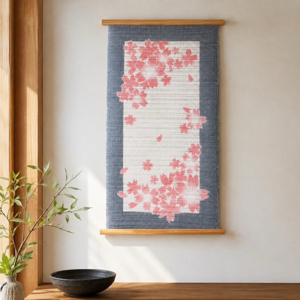 Japanese Linen Wall Hanging, Hand Painted Sakura Petals, Blue Gray Textile Art