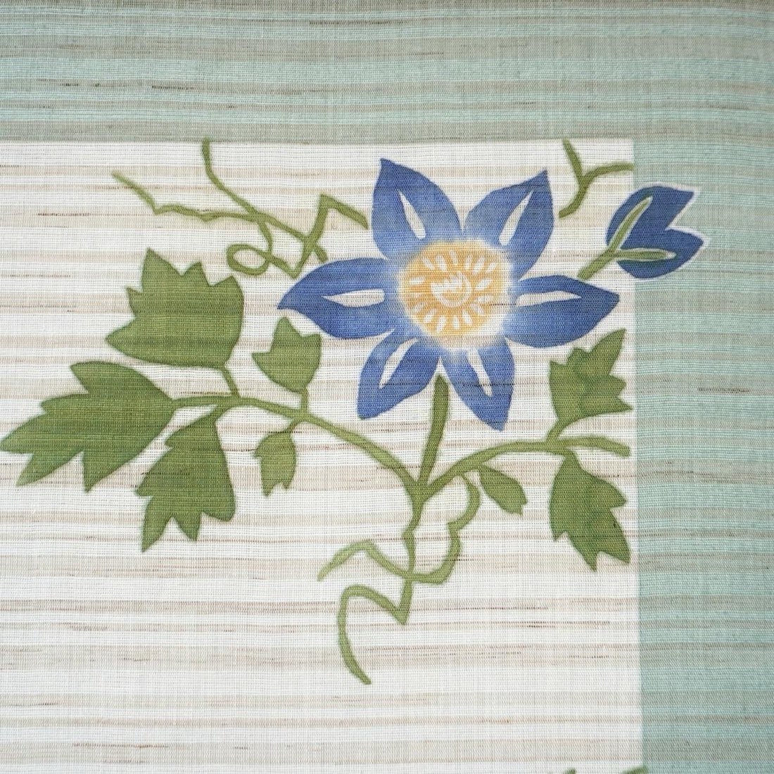 Japanese Linen Wall Hanging, Hand Painted Tessen Clematis Floral Art, 17.7 x 33.5 in — view 2