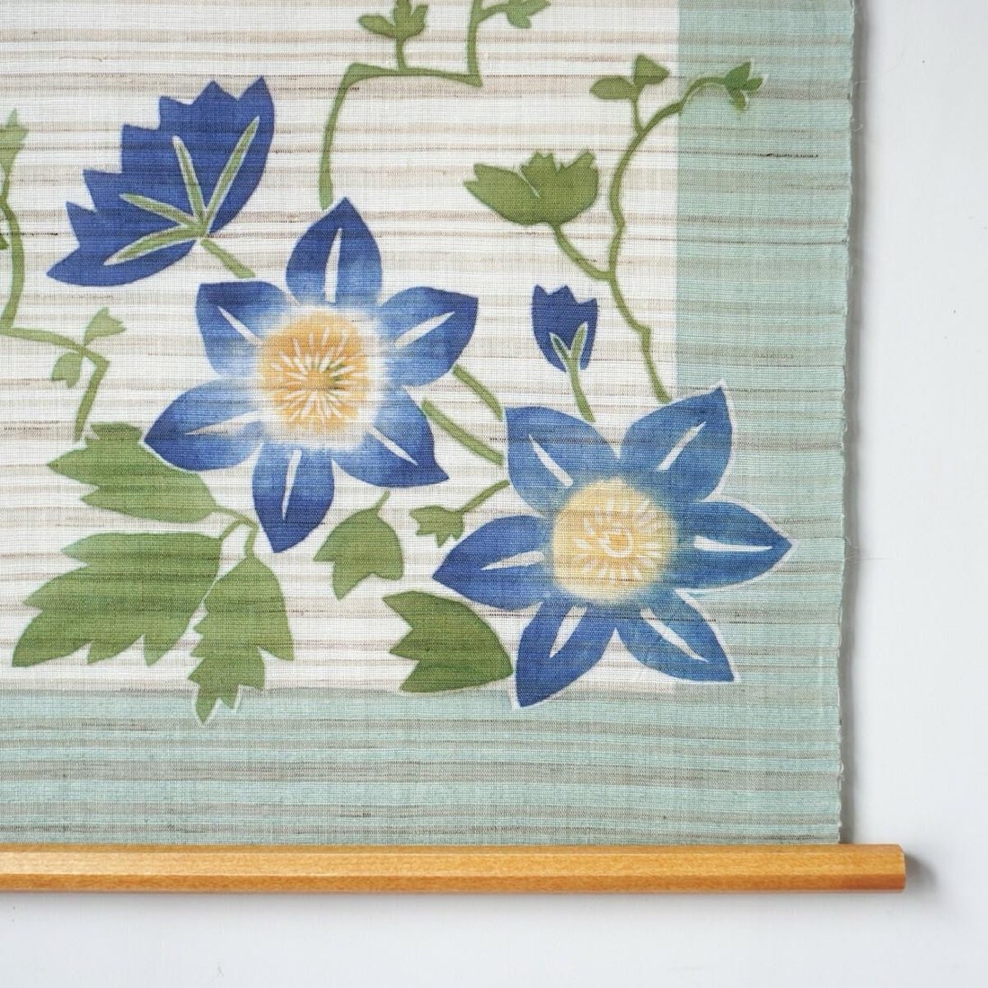Japanese Linen Wall Hanging, Hand Painted Tessen Clematis Floral Art, 17.7 x 33.5 in — view 3