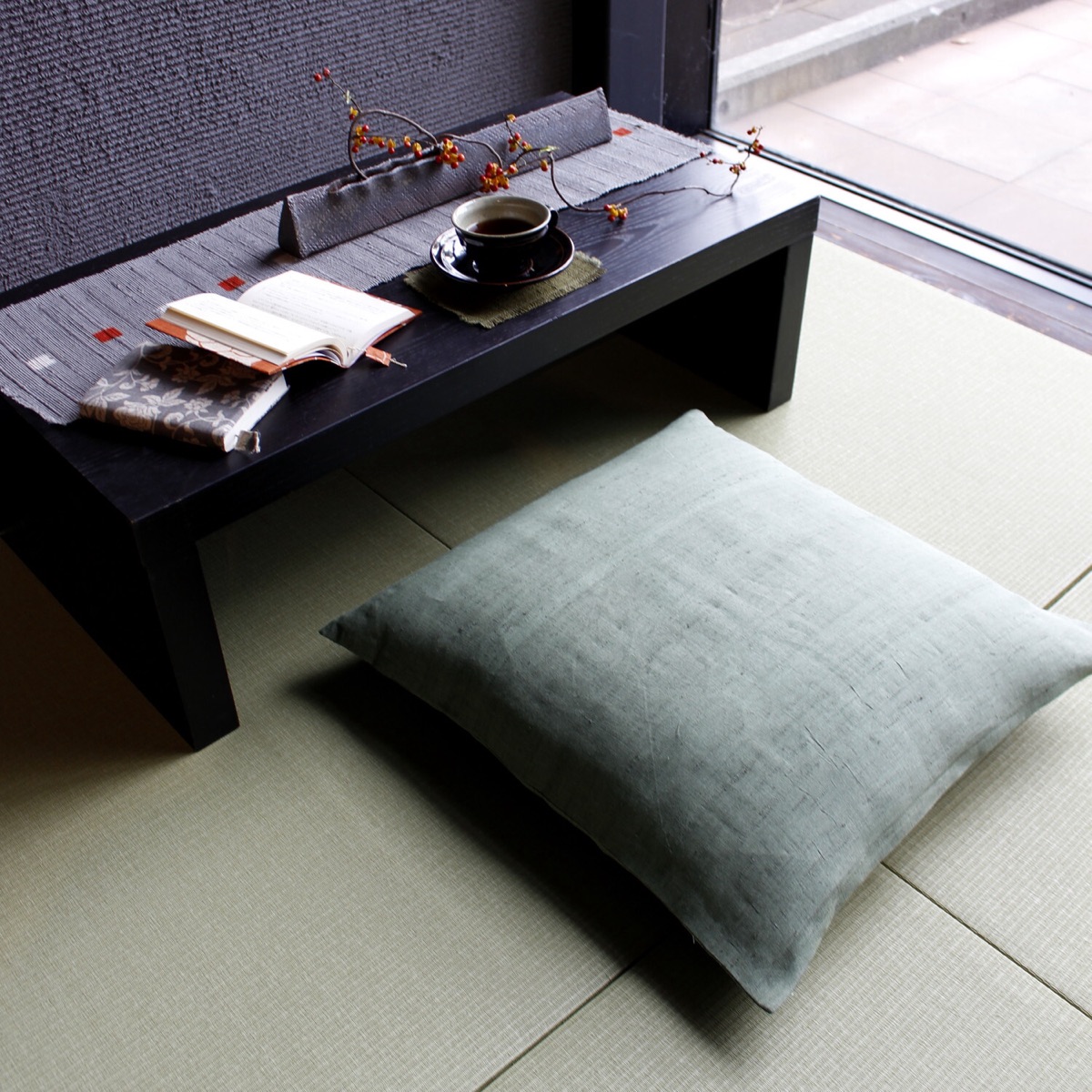 Japanese Linen Zabuton Floor Cushion Cover, Plain Grey-Green, 21.7 x 23.2 in, Iono Weave, Made in Japan