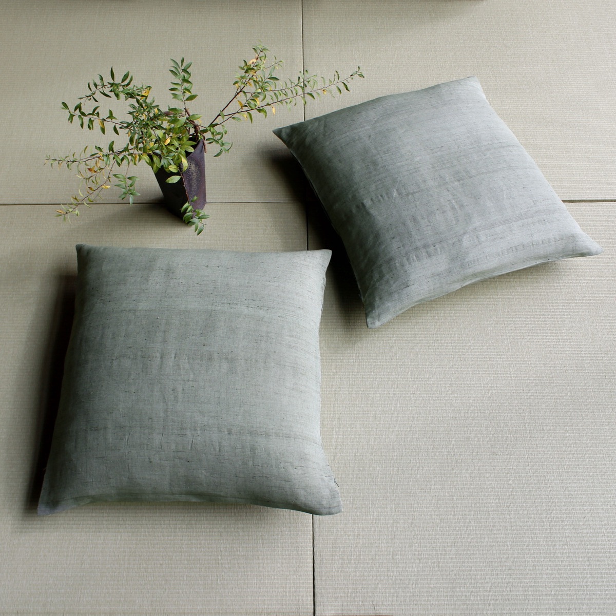 Japanese Linen Zabuton Floor Cushion Cover, Plain Grey-Green, 21.7 x 23.2 in, Iono Weave, Made in Japan — view 7