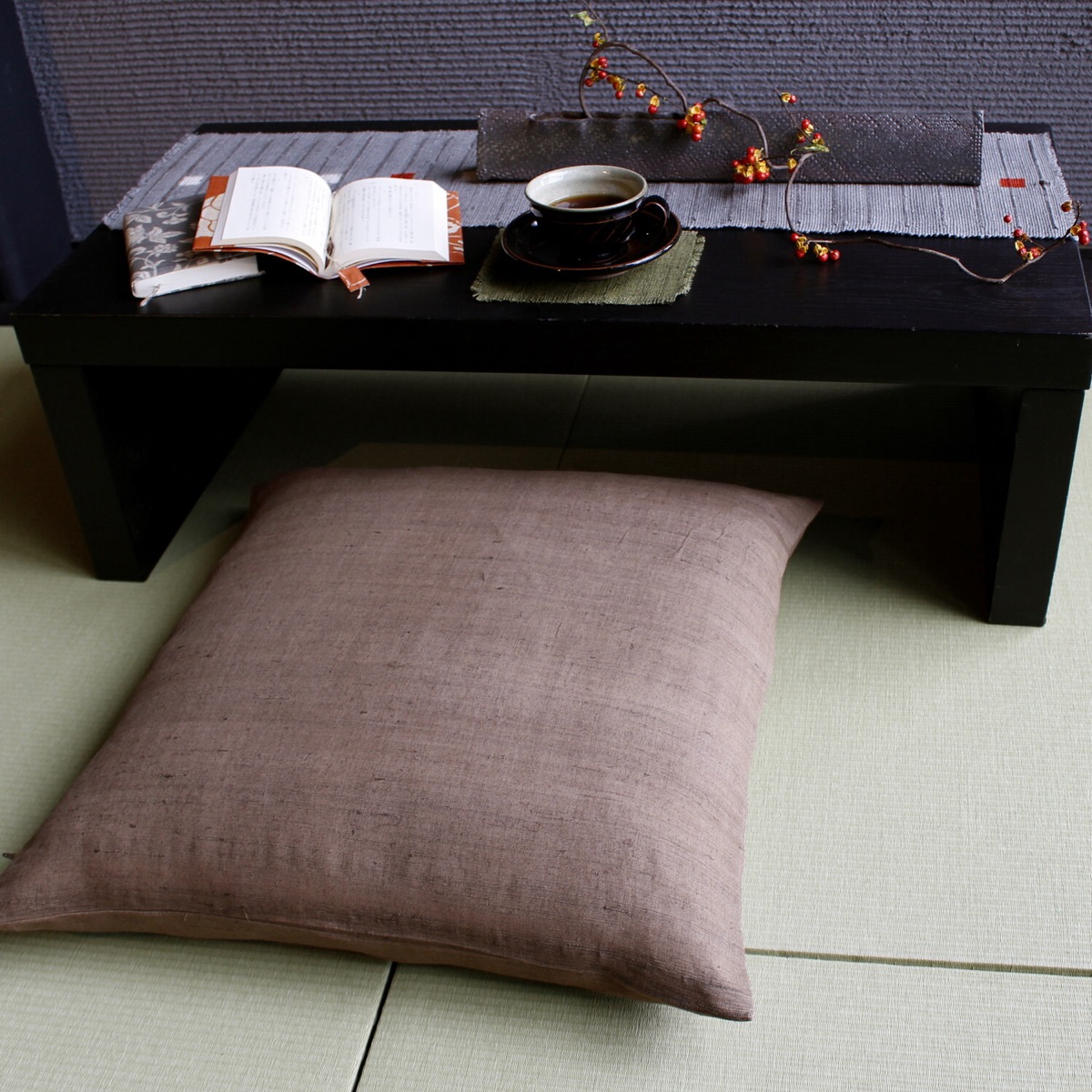 Japanese Linen Zabuton Floor Cushion Cover, Plain Persimmon Tan, 21.7 x 23.2 in, Iono Weave, Made in Japan — view 1